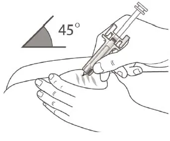 Use a quick, dart-like motion to insert the needle into the pinched skin at about a 45-degree angle Illustration