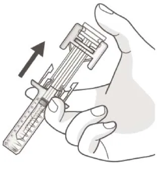 Slowly take your thumb off the PLUNGER HEAD to allow the empty syringe to move up until the entire needle is covered by the needle guard Illustration